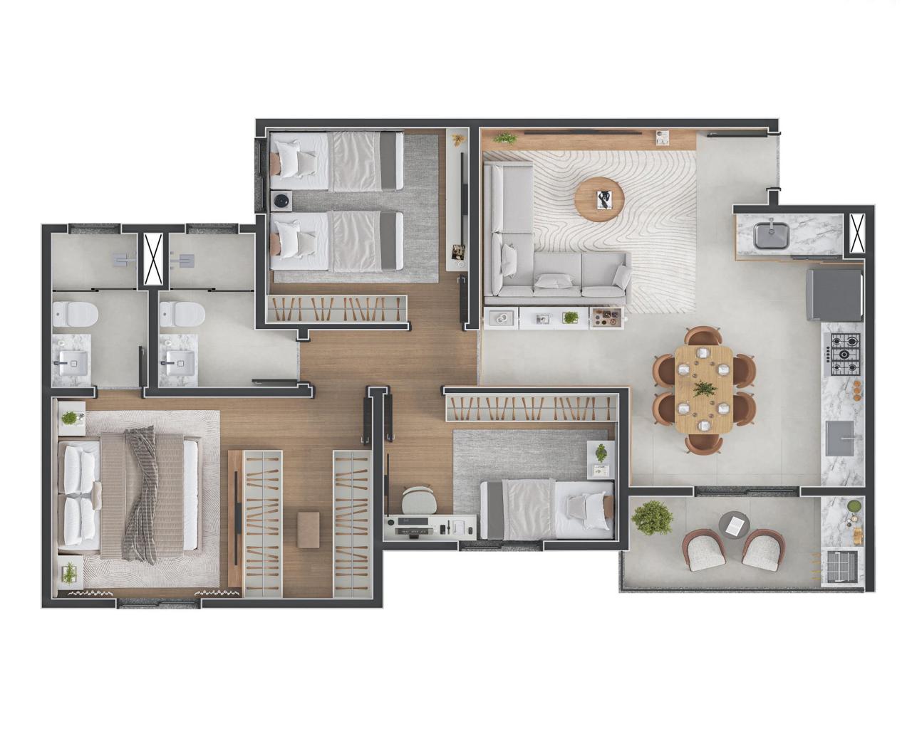 Planta humanizada do apartamento canto de 3 dormitórios com varanda