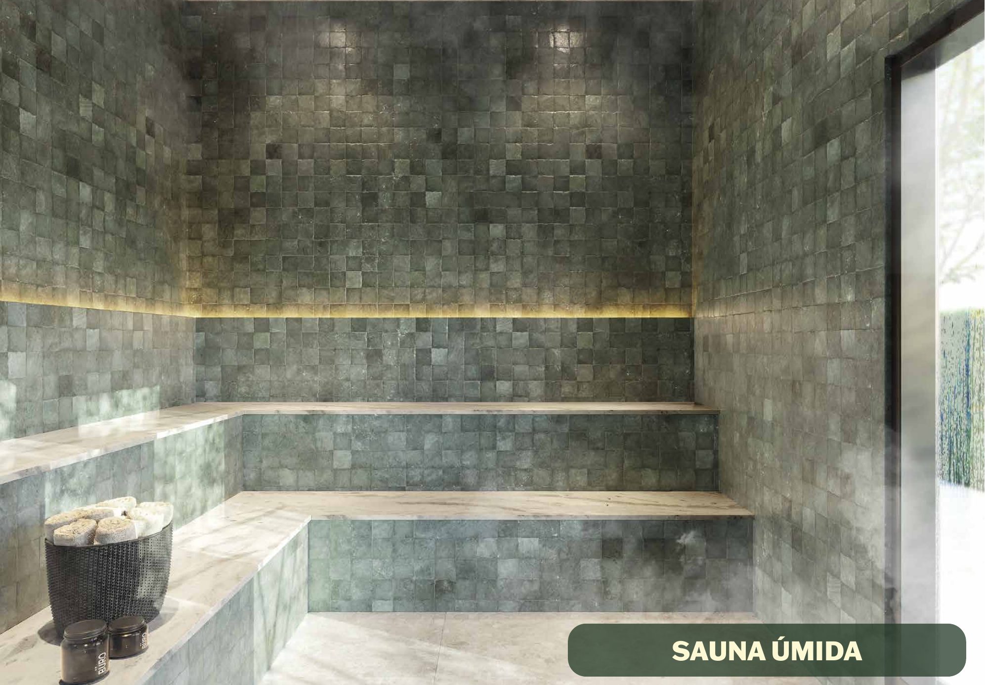 Sauna úmida revestida em pedra