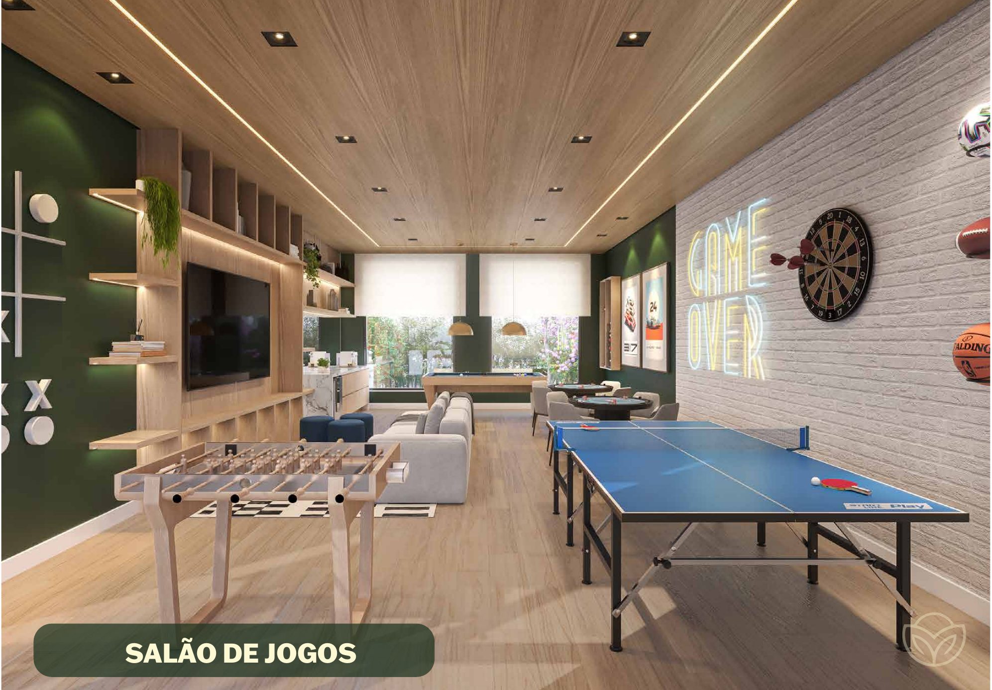 Salão de jogos com mesa de pebolim e ping-pong