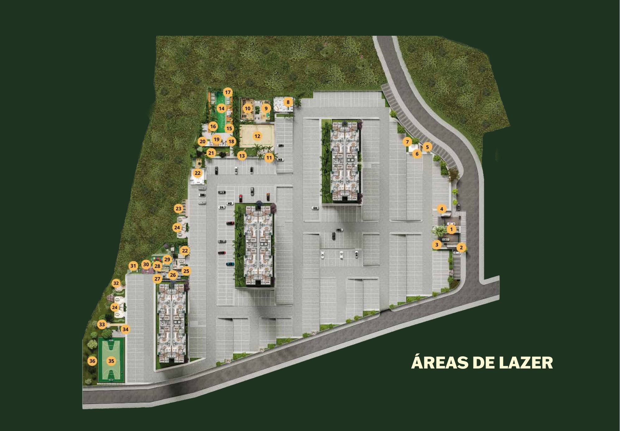 Mapa de implantação do Manai Bosque com as áreas de lazer numeradas