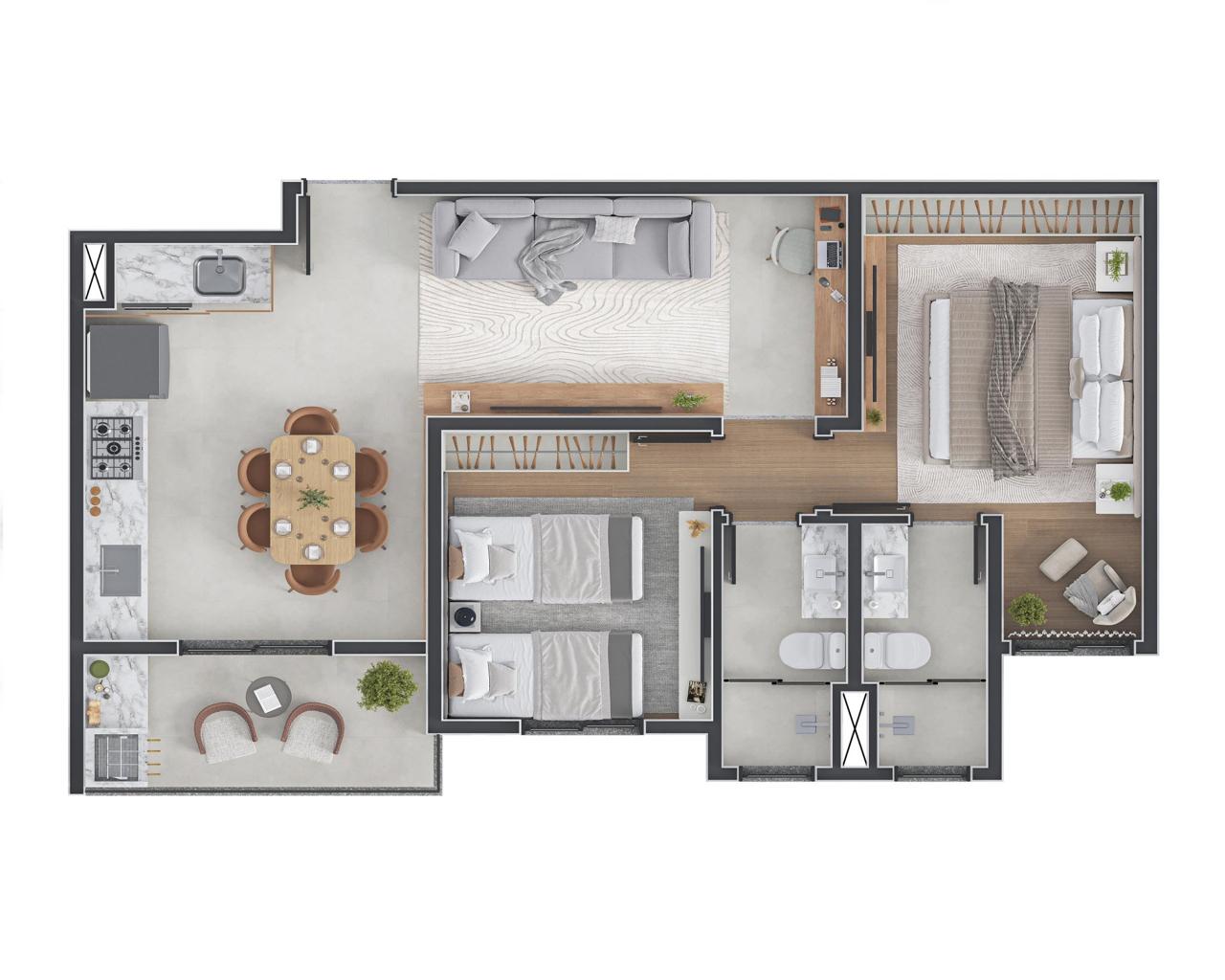 Planta humanizada do apartamento meio de 2 dormitórios com varanda