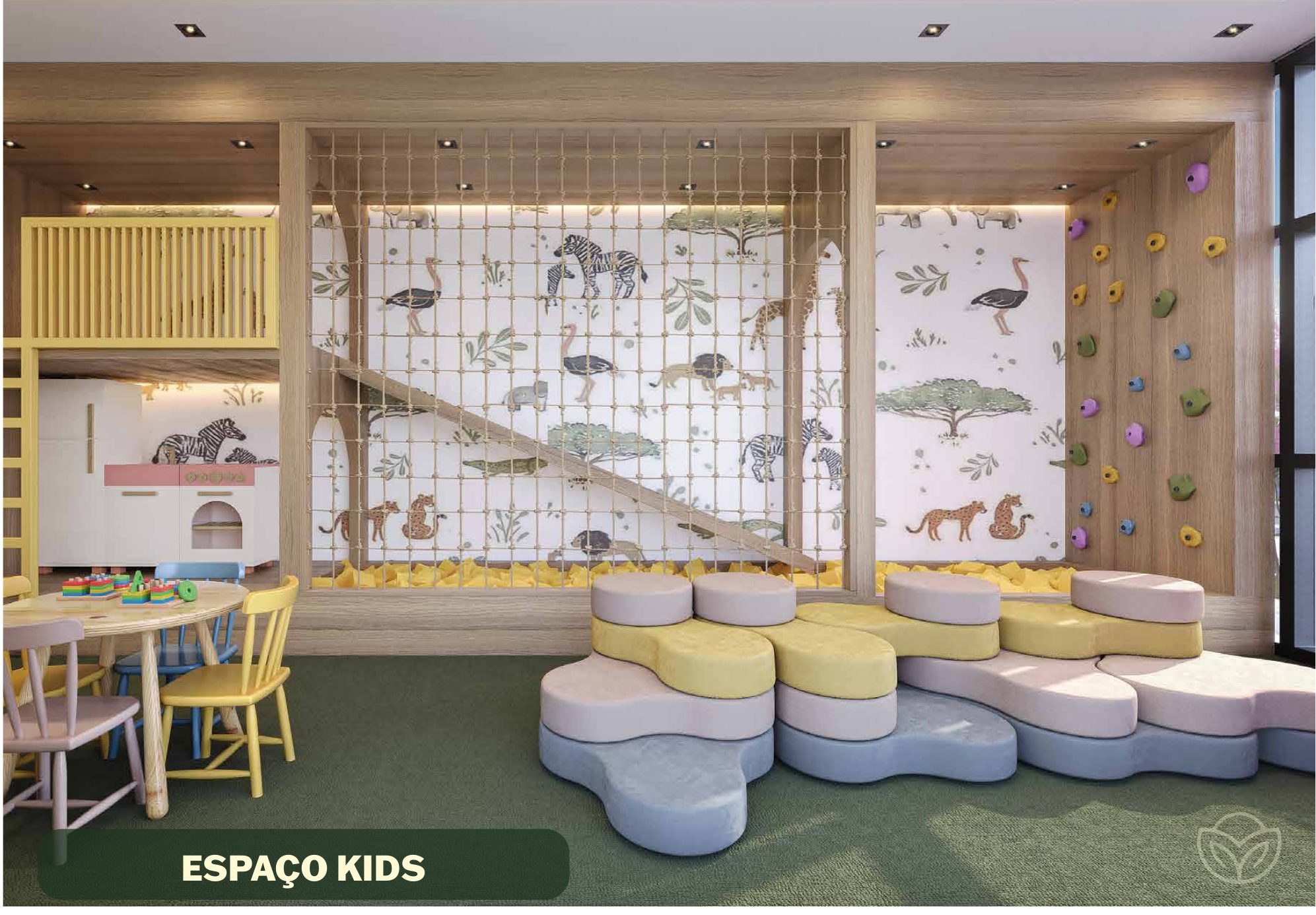 Espaço kids com brinquedos e painel ilustrado